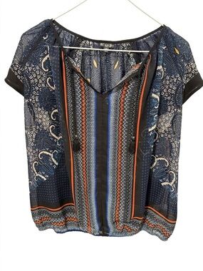 Boho Hannah Women’s Patterned Sheer Blouse | Peasant Top with Tassels Size M